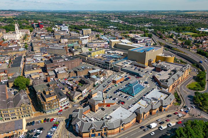 Barnsley town centre drone view